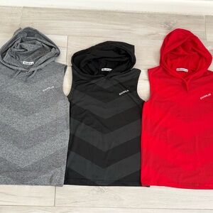 Set of Three Sleeveless Hoodies in Gray, Black, and Red